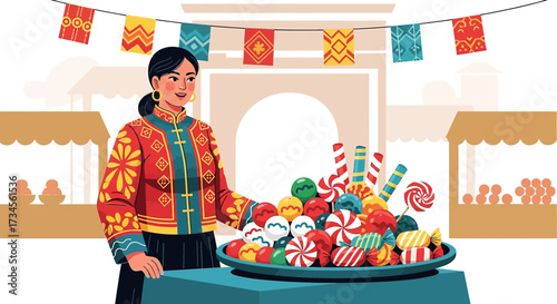 A Vietnamese woman selling sweets at a traditional market during Tet celebration