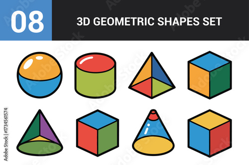Collection of colorful 3d geometric shapes for educational and design purposes