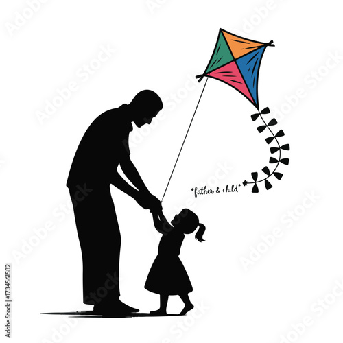 Vector art of silhouette of a father and child flying a kite together
