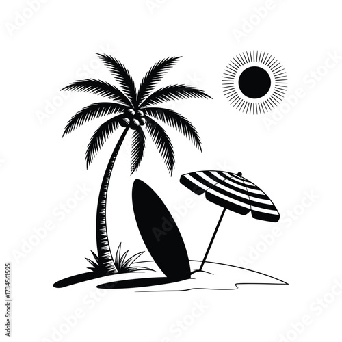 Tropical beach paradise palm tree surfboard umbrella and sunny sky relaxation getaway scene