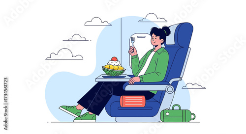A woman enjoys dessert while seated in an airplane, experiencing premium travel with delight and