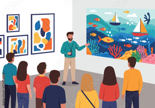 Vector illustration of a tour guide is explaining a painting to a group of people in an art gallery