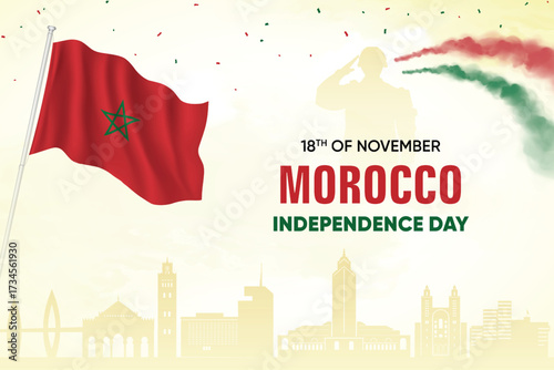 Morocco Flag Waving With Army Soldier and Air Show On Skyline Background. Independence Day Concept Design Vector Illustration.