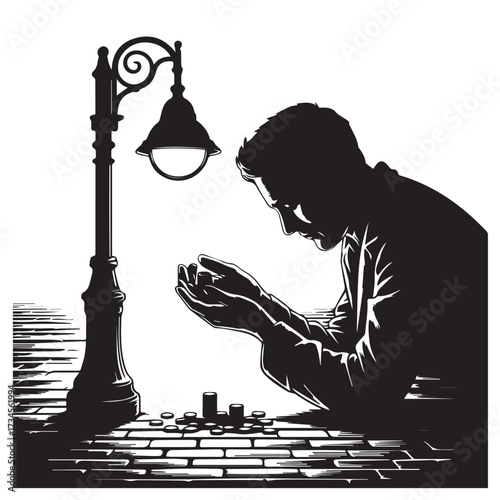 Vector art of silhouette of a man counting coins under a street lamp at night, depicting poverty or financial struggle