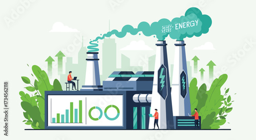 Vector illustration of ecofriendly factory with green energy production and growing economy, symbolizing sustainability and industrial progress