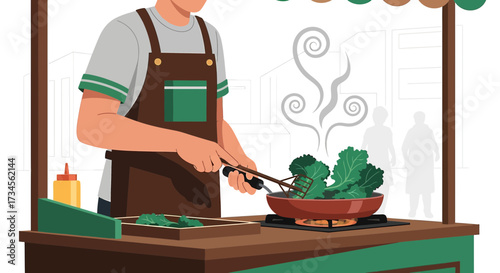 Animated Street Food Vendor Cooking Green Vegetables in a Pan in an Urban Setting