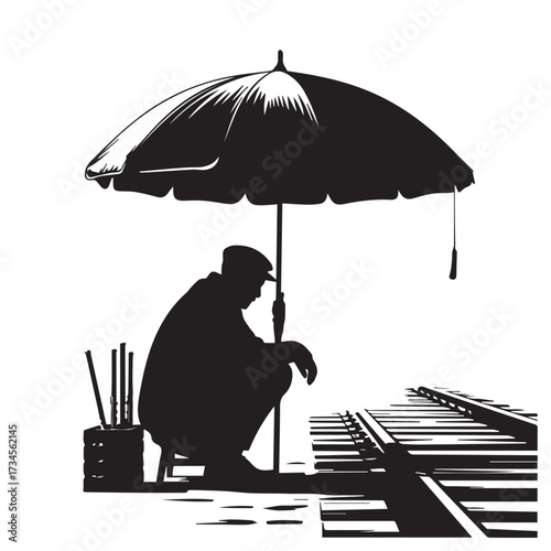 Vector art of silhouette of a man crouching under an umbrella next to railway tracks, holding a bucket with sticks