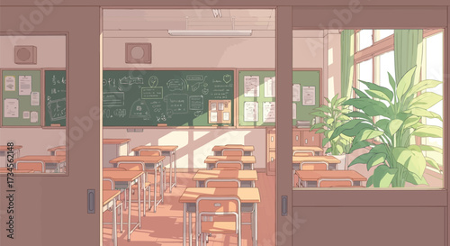 Vector illustration of an empty classroom bathed in soft sunlight streaming through the windows, with desks, chairs, and a blackboard, evoking a peaceful and serene atmosphere