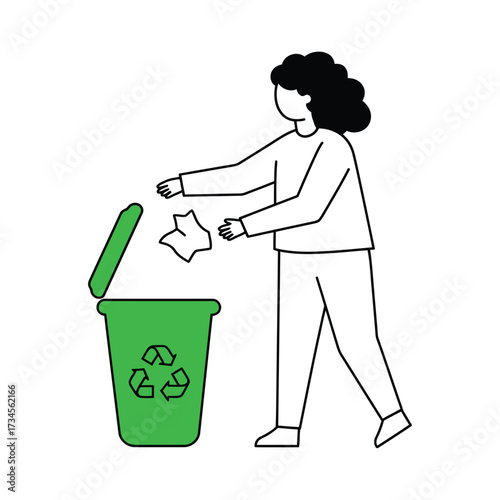 Woman throwing crumpled paper into a green recycling bin simple line art illustration for environmental awareness isolated on white background