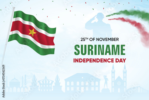 Suriname Flag Waving With Army Soldier and Air Show On Skyline Background. Independence Day Concept Design Vector Illustration.