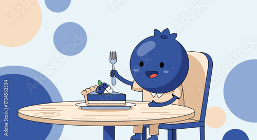 Blueberry character about to enjoy a delicious blueberry pie at a round table setting