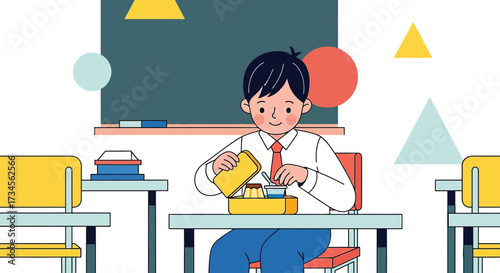 Boy Eating Lunch at School Desk in Classroom with Blackboard Illustration Style