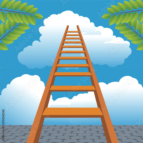 A wooden ladder ascends towards the sky and clouds.