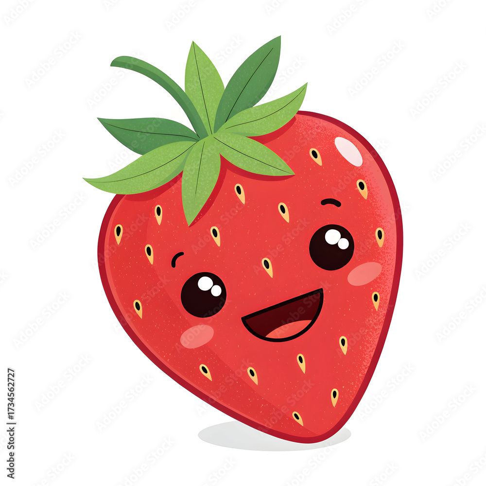 Obraz premium Strawberry fruit emoji isolated on white background featuring bright red ripe strawberry with green leaves and detailed