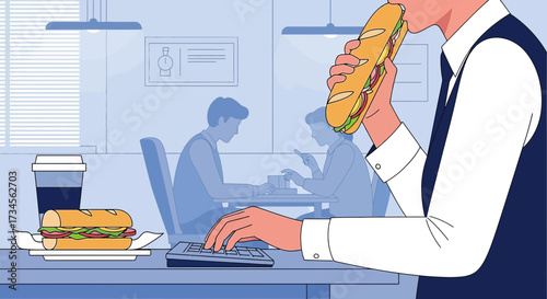 Busy professional enjoying a sandwich while working at desk with colleagues nearby