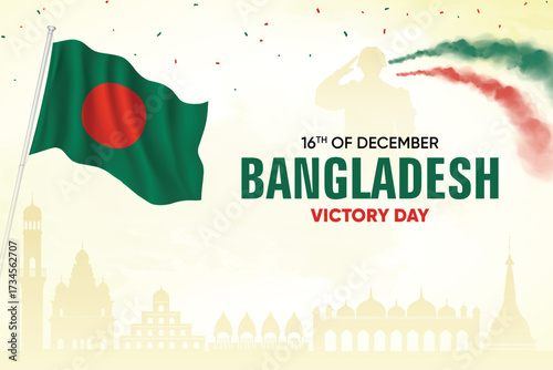 Bangladesh Flag Waving With Army Soldier and Air Show On Skyline Background. Victory Day Concept Design Vector Illustration.