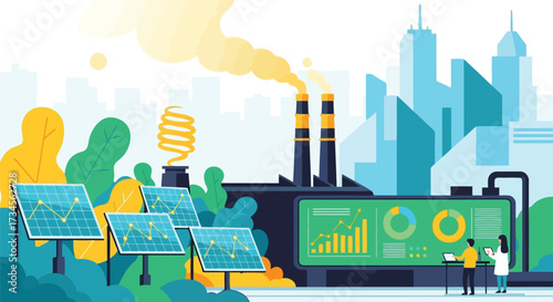 Vector illustration of renewable energy concept with solar panels and wind turbine near a factory emitting smoke, symbolizing industry and environment
