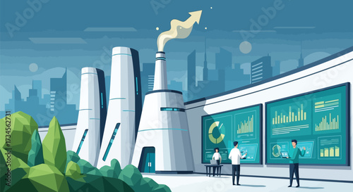 Vector illustration of modern industrial facility with advanced technology and data analysis screens, showcasing innovation and progress in manufacturing
