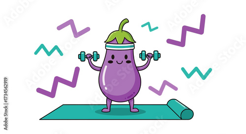 Cartoon eggplant character exercising with dumbbells on a yoga mat illustration