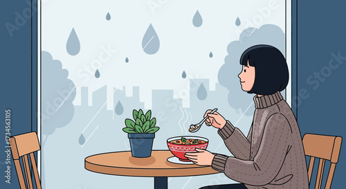 Cartoon illustration featuring a woman enjoying soup indoors on a rainy day observing the weather