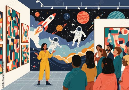 Vector illustration of a museum guide in a yellow jumpsuit explains an exhibit about space exploration to a group of visitors