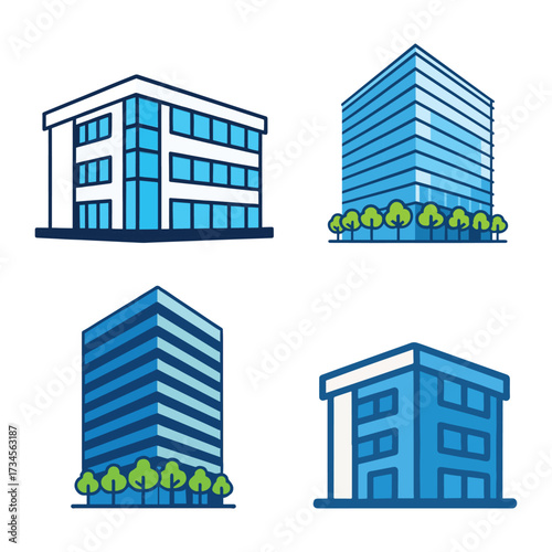 Four modern office buildings with glass facades and trees vector illustration set