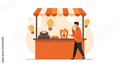 Cartoon illustration of a man buying fried chicken at a street food stall with idea bulbs