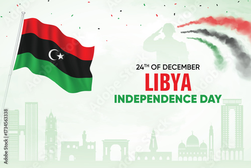 Libya Flag Waving With Army Soldier and Air Show On Skyline Background. Independence Day Concept Design Vector Illustration.