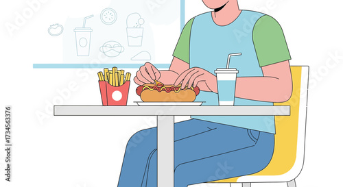 Cartoon illustration of a man enjoying a fast food meal with hotdog and fries at table