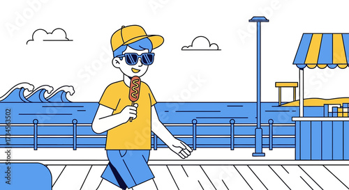 Cartoon illustration of a young man enjoying a corn dog at the beach boardwalk with coastal views