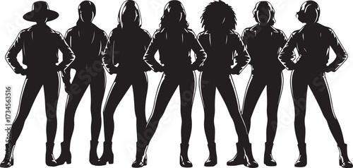 Seven female silhouettes in stylish outfits standing side by side women group