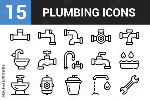 Collection of 15 line art plumbing icons representing tools fixtures and water flow