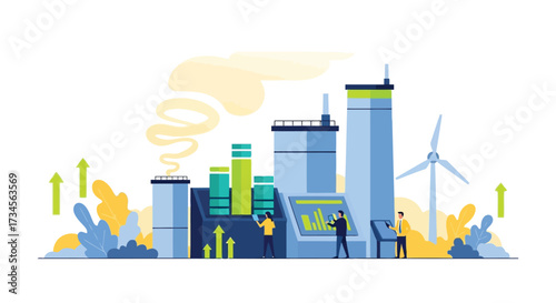 Vector illustration of a modern factory with smokestacks and a wind turbine, symbolizing industry and renewable energy