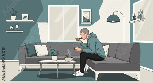 Cartoon man enjoying a meal on the couch in a stylish and comfortable living room setting with