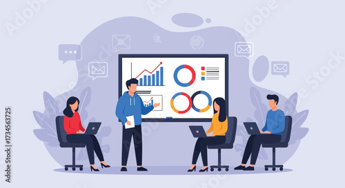 Vector illustration of business meeting with a presenter showing charts and graphs on a screen to colleagues using laptops