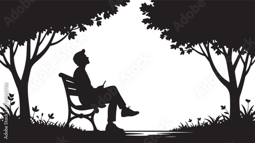 Silhouette of a man sitting on a park bench holding a phone under trees person