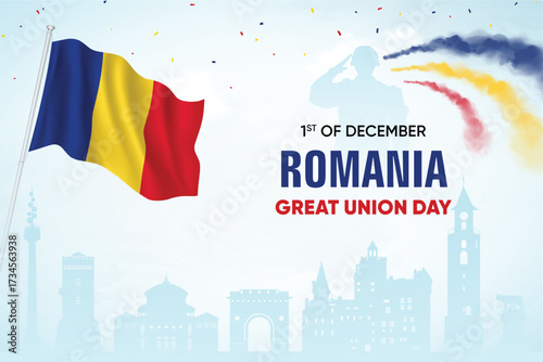 Romania Flag Waving With Army Soldier and Air Show On Skyline Background. Great Union Day Concept Design Vector Illustration.