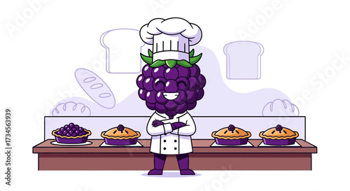 Charming Blackberry Chef Cartoon Illustration with Pies and Baked Goods Design