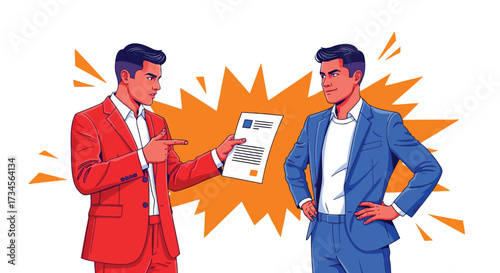 Vector illustration of two businessmen in suits, one in red and one in blue, arguing over a document with an explosion graphic behind them