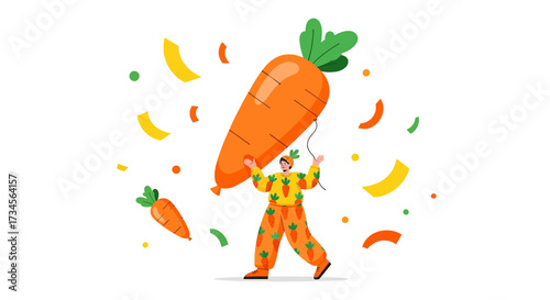 Cheerful carrot celebration with a joyful character and confetti creating a festive atmosphere