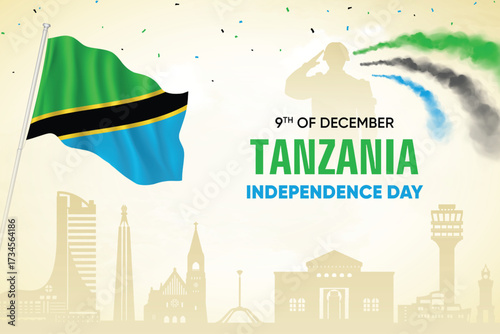 Tanzania Flag Waving With Army Soldier and Air Show On Skyline Background. Independence Day Concept Design Vector Illustration.