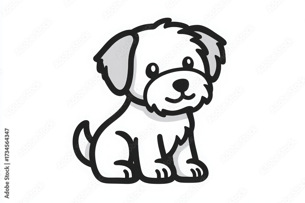 Fototapeta premium A cheerful cartoon dog with fluffy fur sits happily, showcasing bright eyes and a playful demeanor. This friendly character is drawn in simple and bold lines, perfect for childrens art.