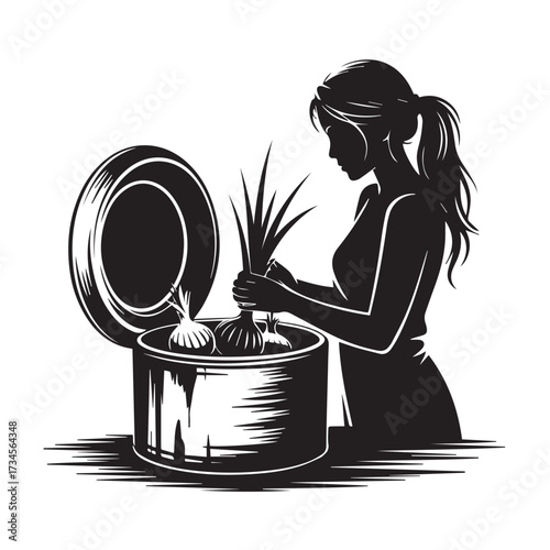 Vector art of silhouette of a woman tending to onions in a can