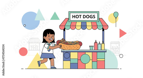 Cheerful illustration of a girl receiving a delicious hot dog from a vibrant food stand