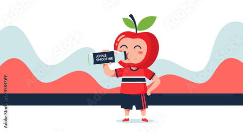 Cheerful kid dressed as an apple drinking smoothie promotes healthy lifestyle concept