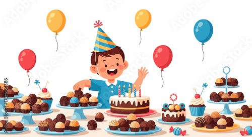 Cheerful cartoon boy celebrates birthday with balloons, cake and a table full of cupcakes