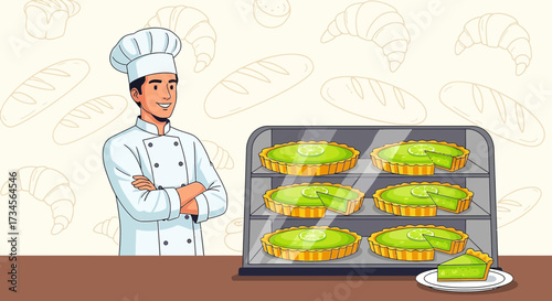 Cheerful pastry chef presenting a delicious display of key lime pies in a bakery case
