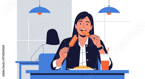 Cheerful woman enjoying a delicious corn dog meal at a restaurant with spaghetti