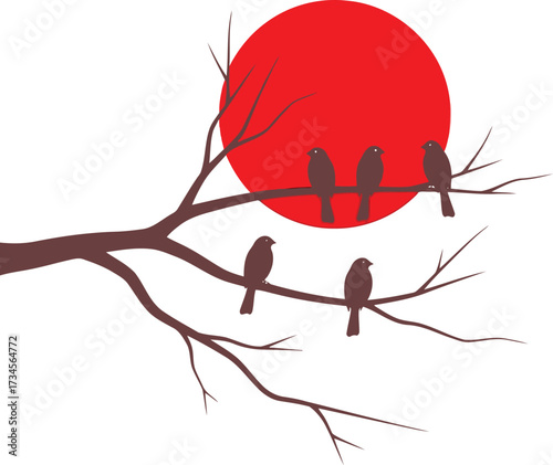 Vector illustration of birds perched on branch against red sun