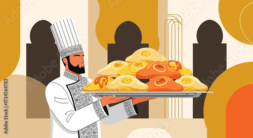 Chef presents a tray of traditional Middle Eastern sweets with intricate background designs
